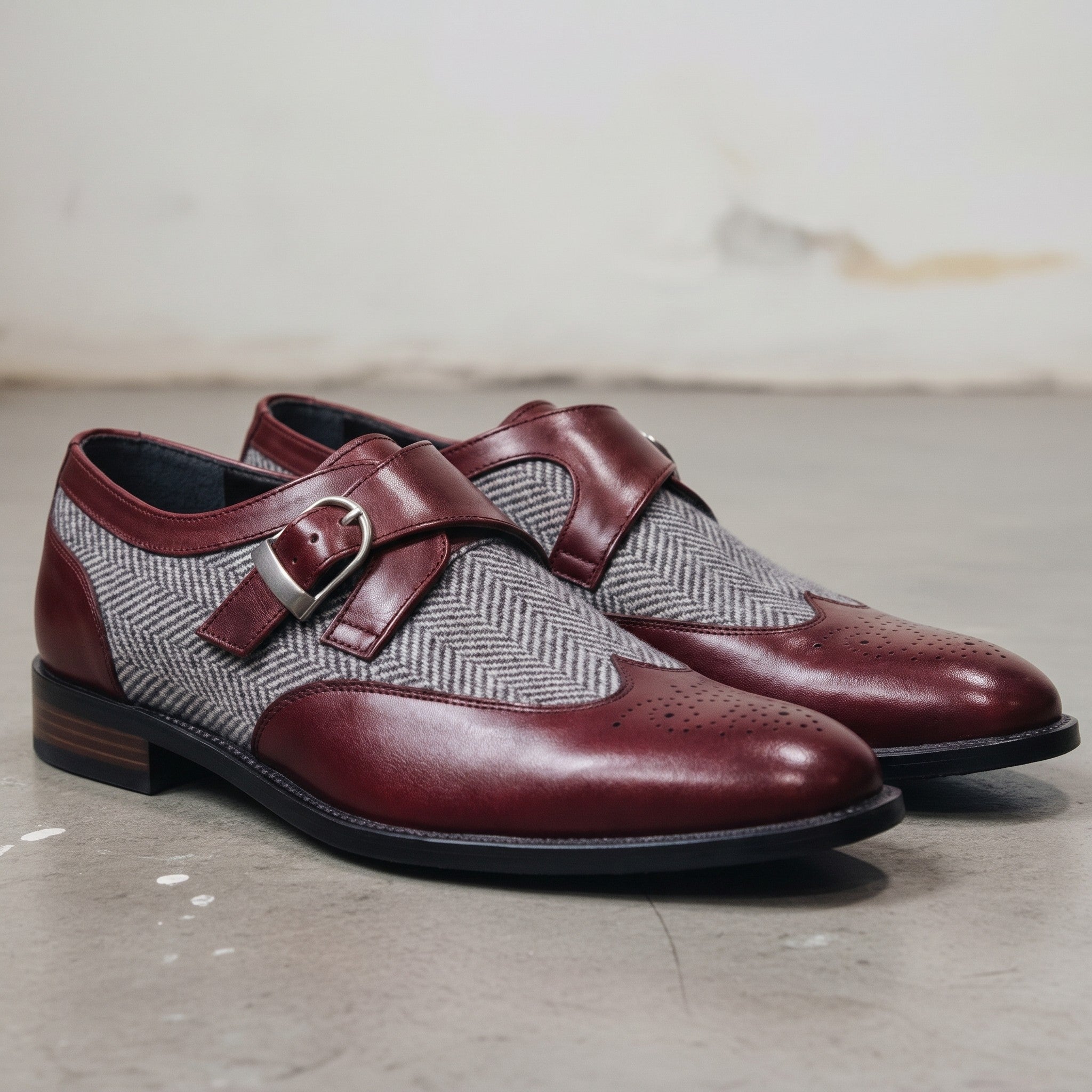 Men's Burgundy and Grey Wingtip Leather and Fabric Monk Strap Shoes — Amory
