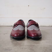 Men's Burgundy and Grey Wingtip Leather and Fabric Monk Strap Shoes — Amory