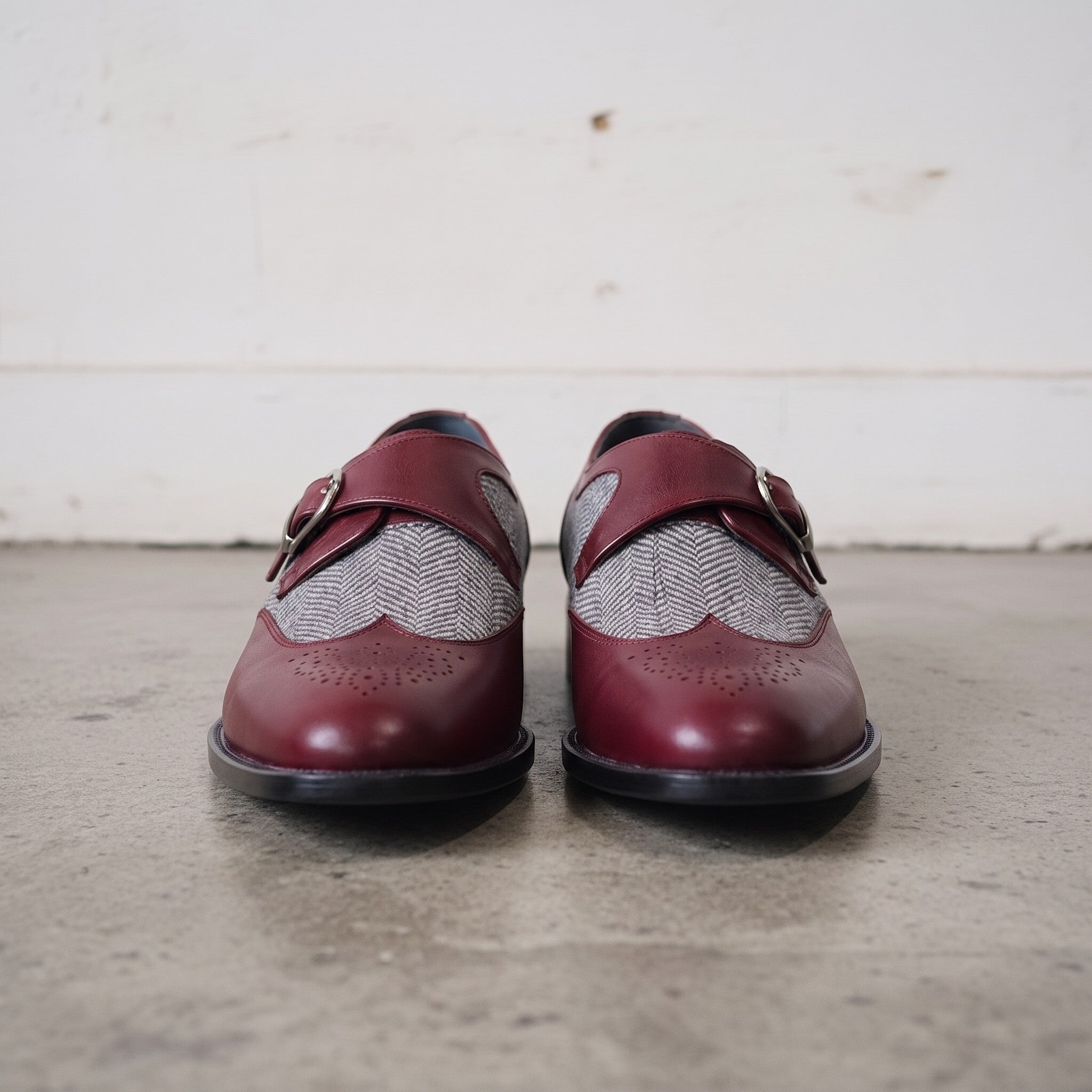 Men's Burgundy and Grey Wingtip Leather and Fabric Monk Strap Shoes — Amory