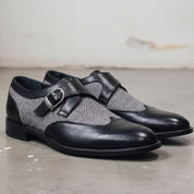 Men's Black Herringbone-Embossed Leather and Wingtip Monk Strap Shoes — Amory
