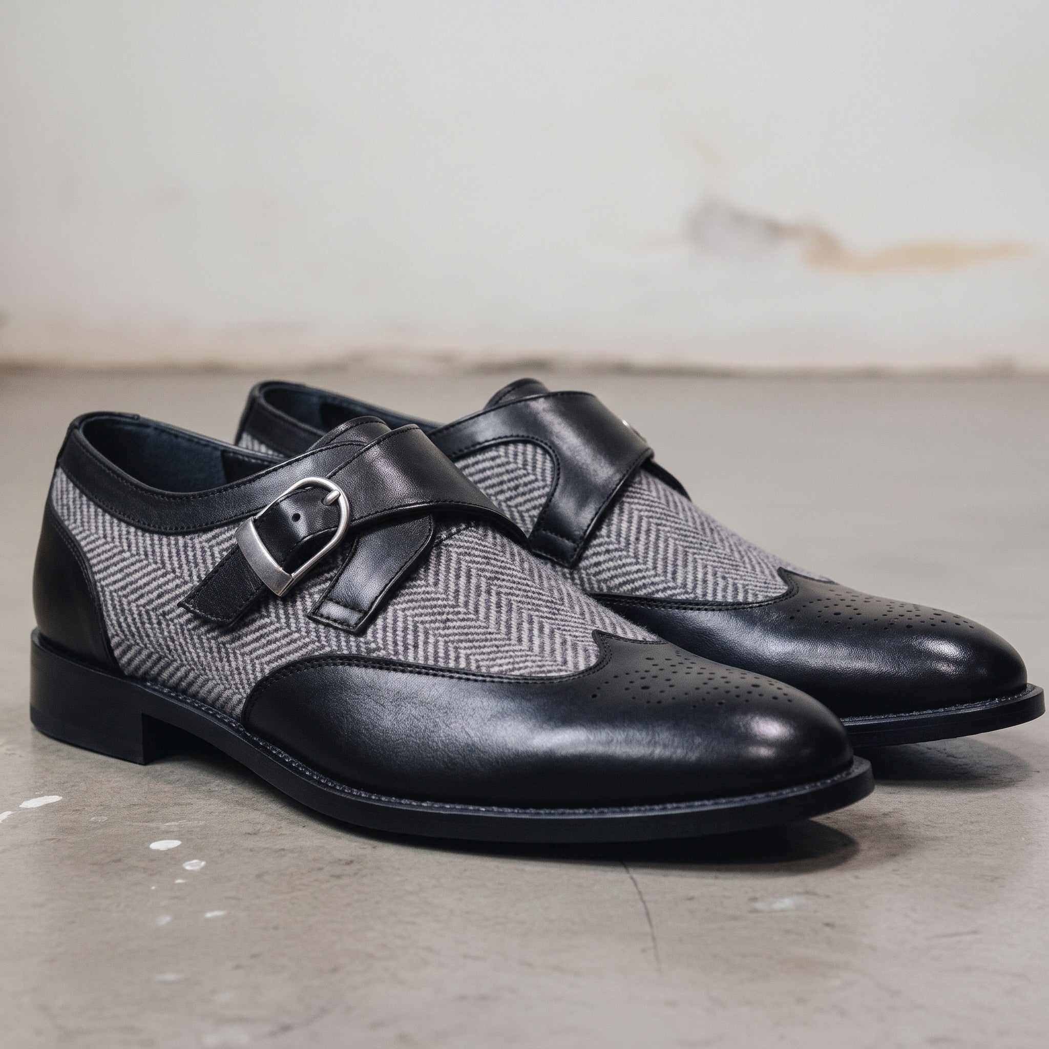 Men's Black Herringbone-Embossed Leather and Wingtip Monk Strap Shoes — Amory