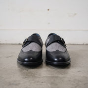 Men's Black Herringbone-Embossed Leather and Wingtip Monk Strap Shoes — Amory