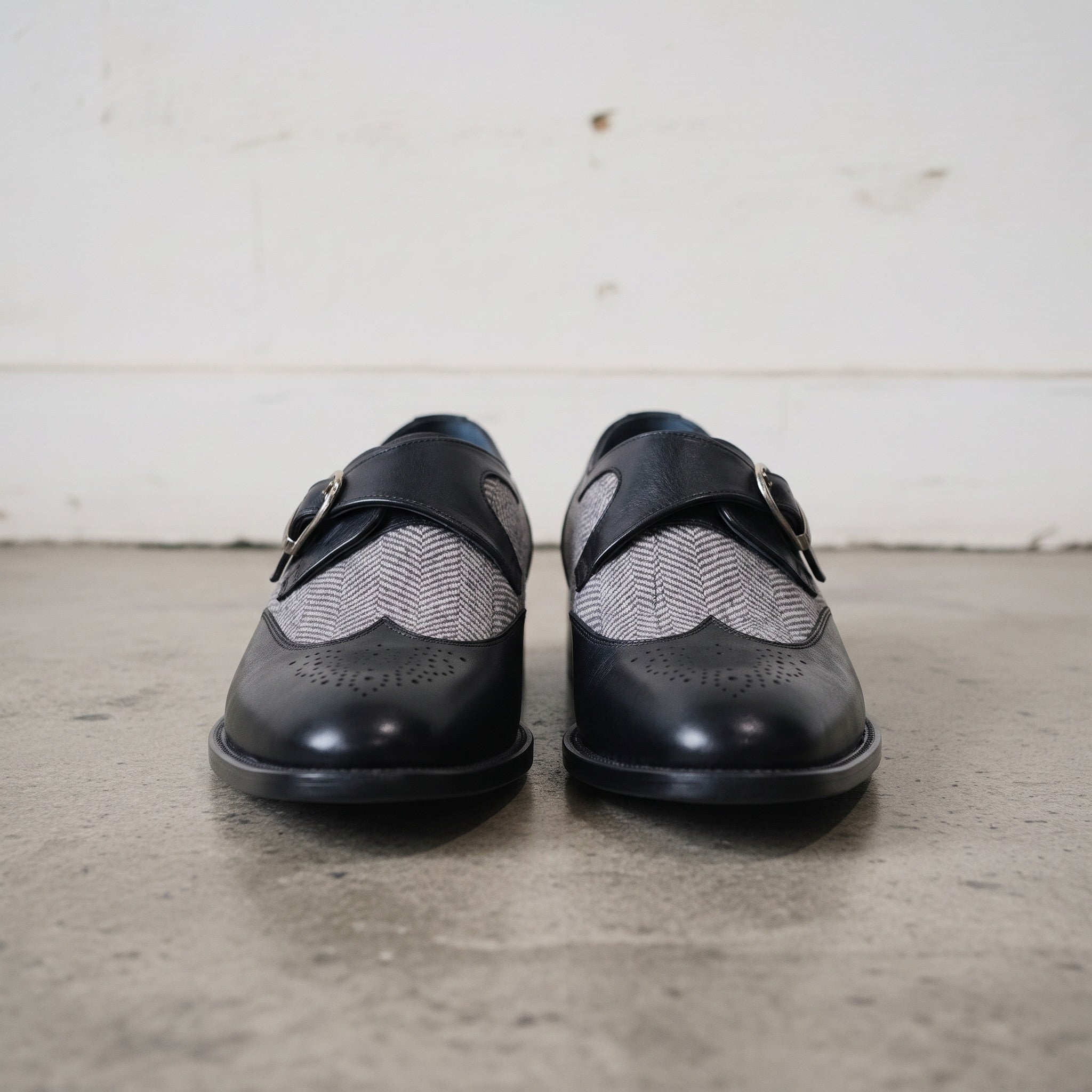Men's Black Herringbone-Embossed Leather and Wingtip Monk Strap Shoes — Amory