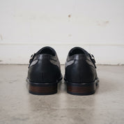 Men's Black Herringbone-Embossed Leather and Wingtip Monk Strap Shoes — Amory