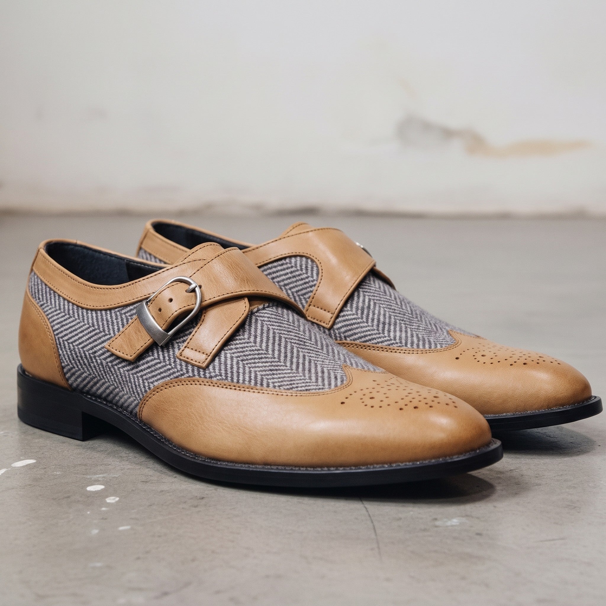 Men's Tan and Grey Wingtip Leather and Fabric Monk Strap Shoes — Amory