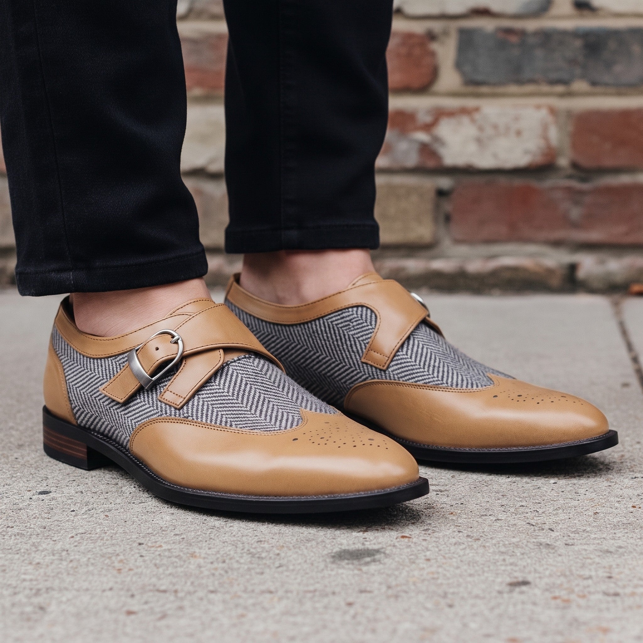 Men's Tan and Grey Wingtip Leather and Fabric Monk Strap Shoes — Amory