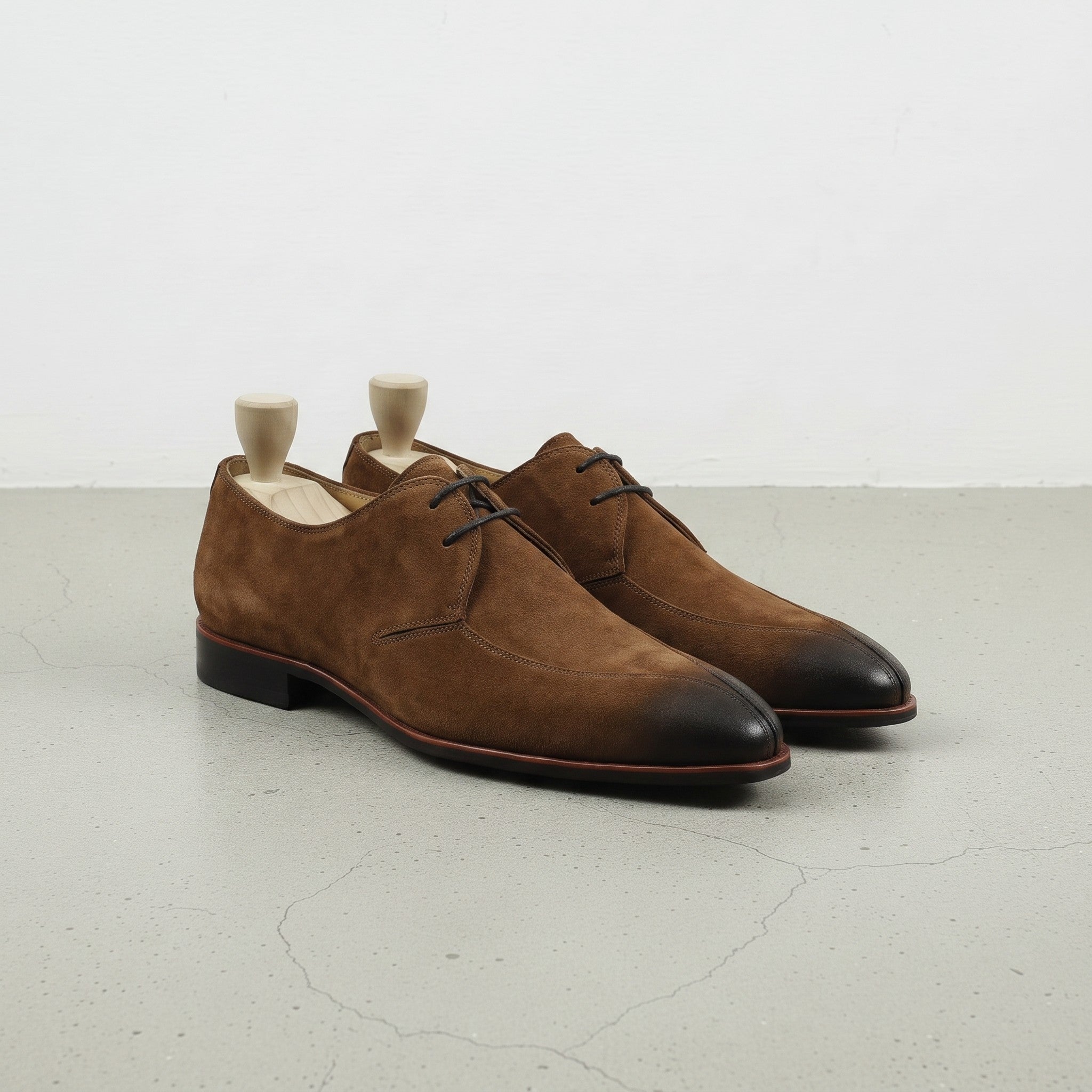 Brown Apron-Toe Suede Leather Derbys — Gofton