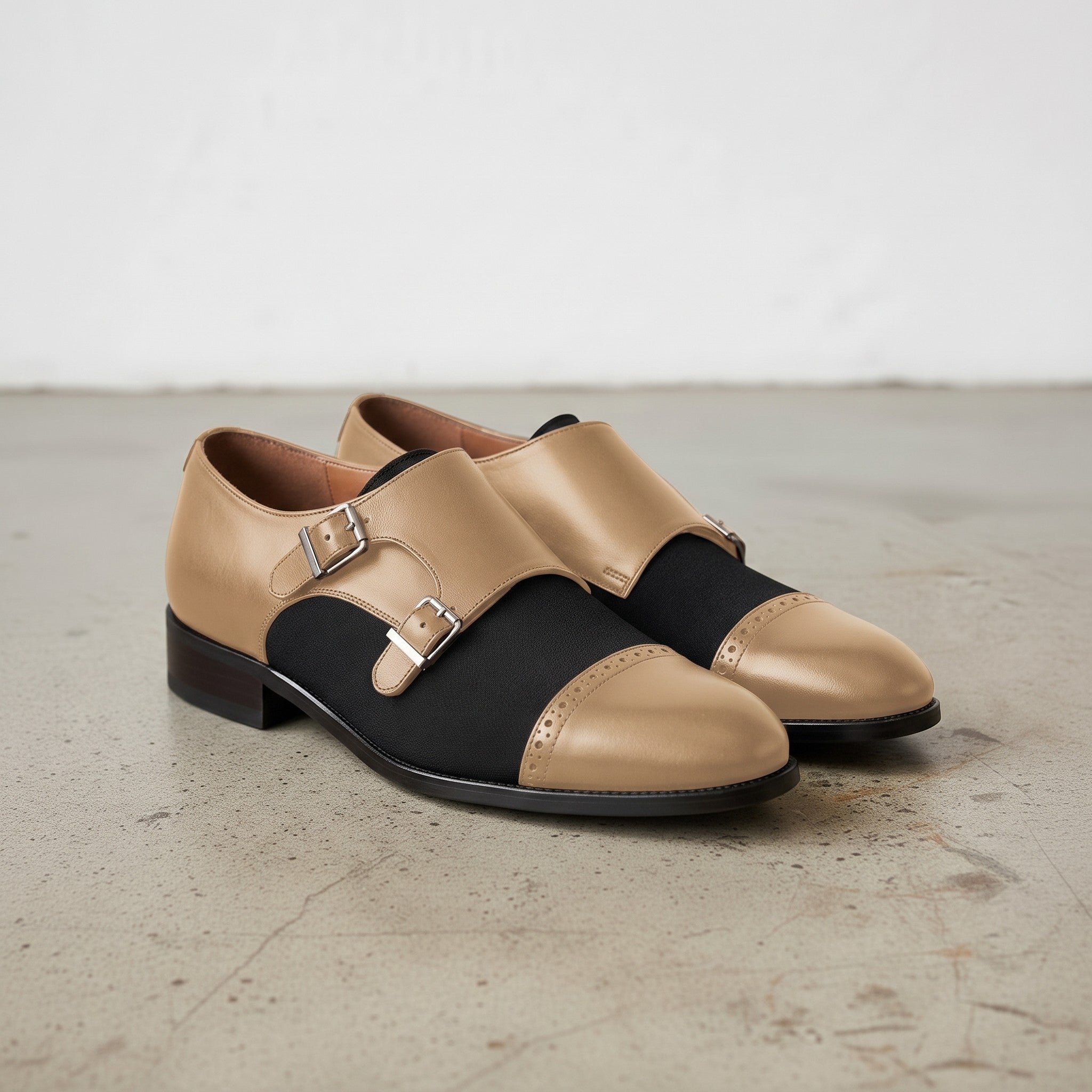 Men's Black and Tan Cap-Toe Leather Double Monk Strap Shoes — Uxbridge