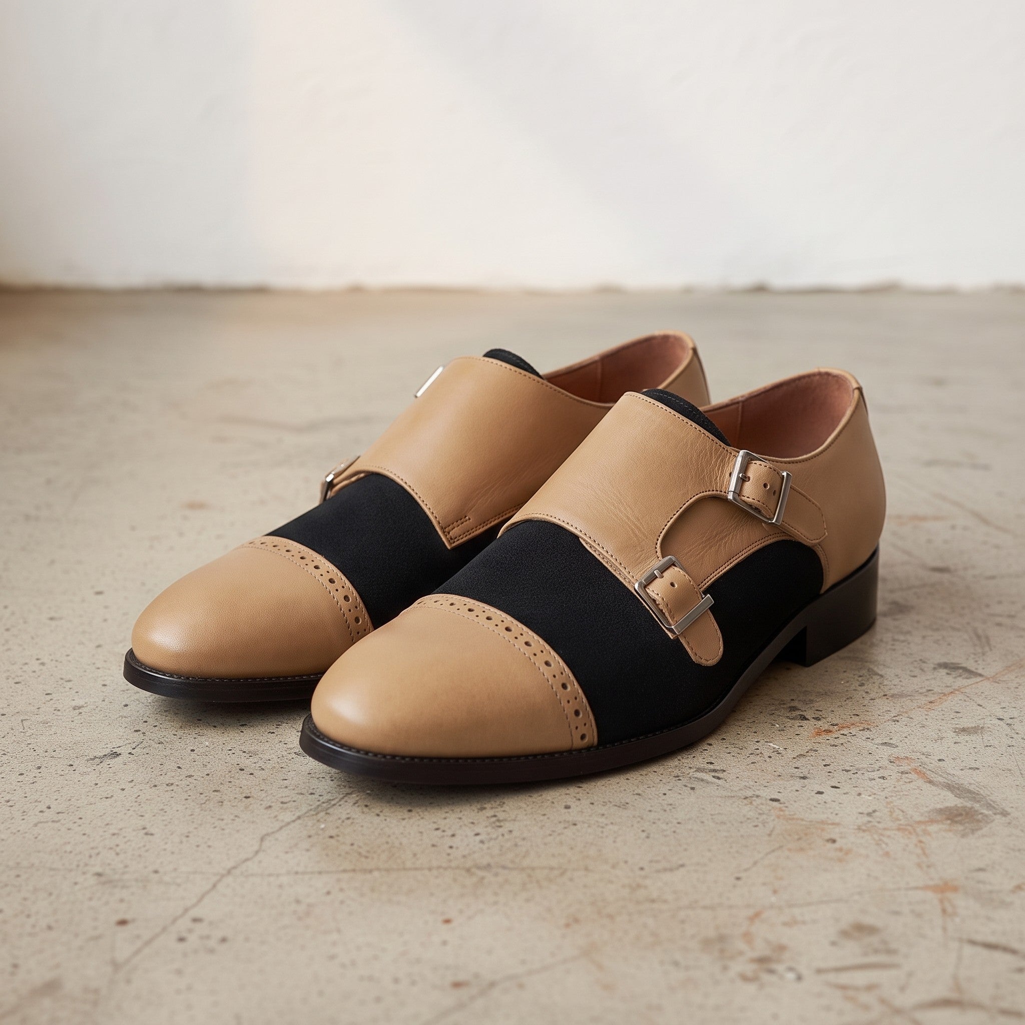 Men's Black and Tan Cap-Toe Leather Double Monk Strap Shoes — Uxbridge