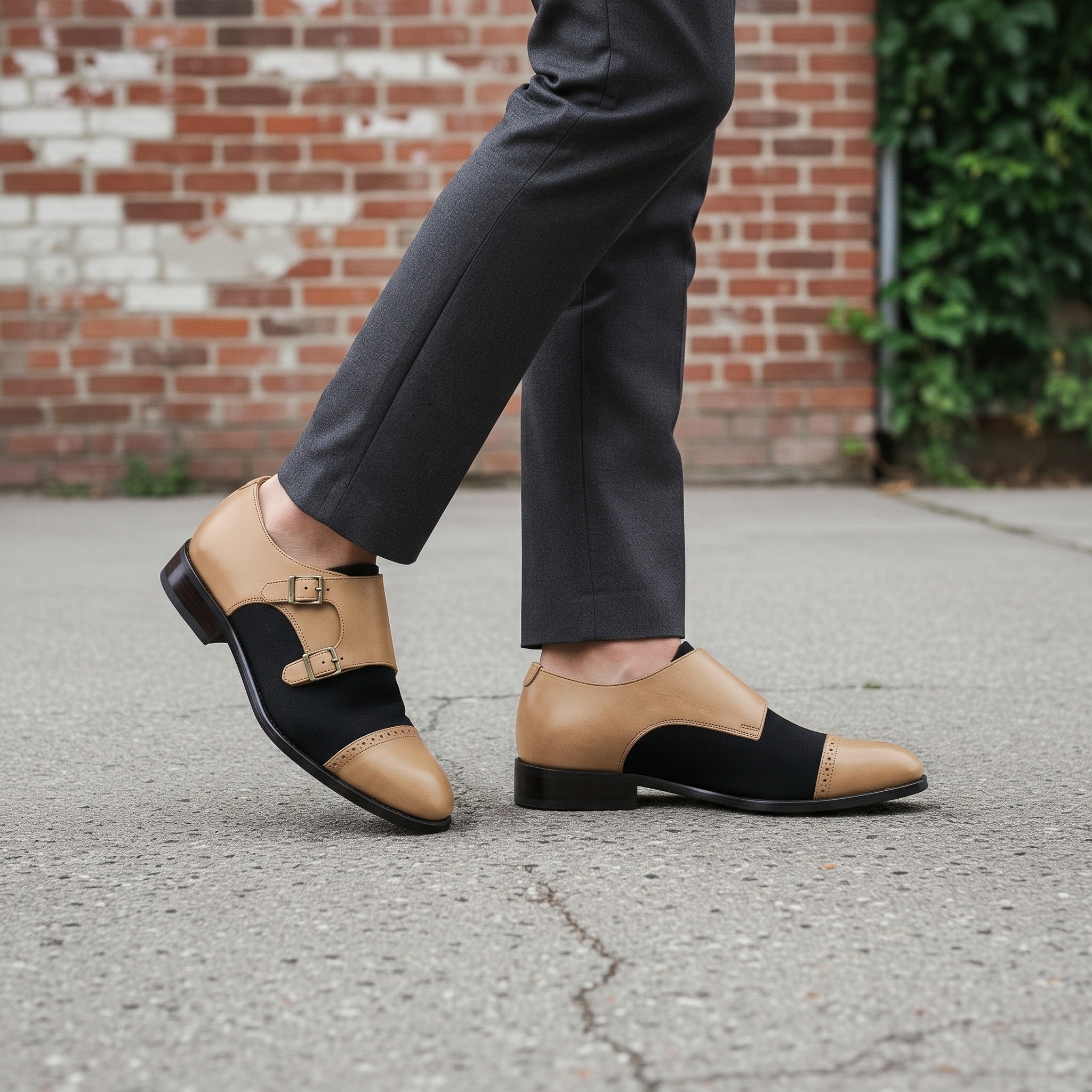 Men's Black and Tan Cap-Toe Leather Double Monk Strap Shoes — Uxbridge