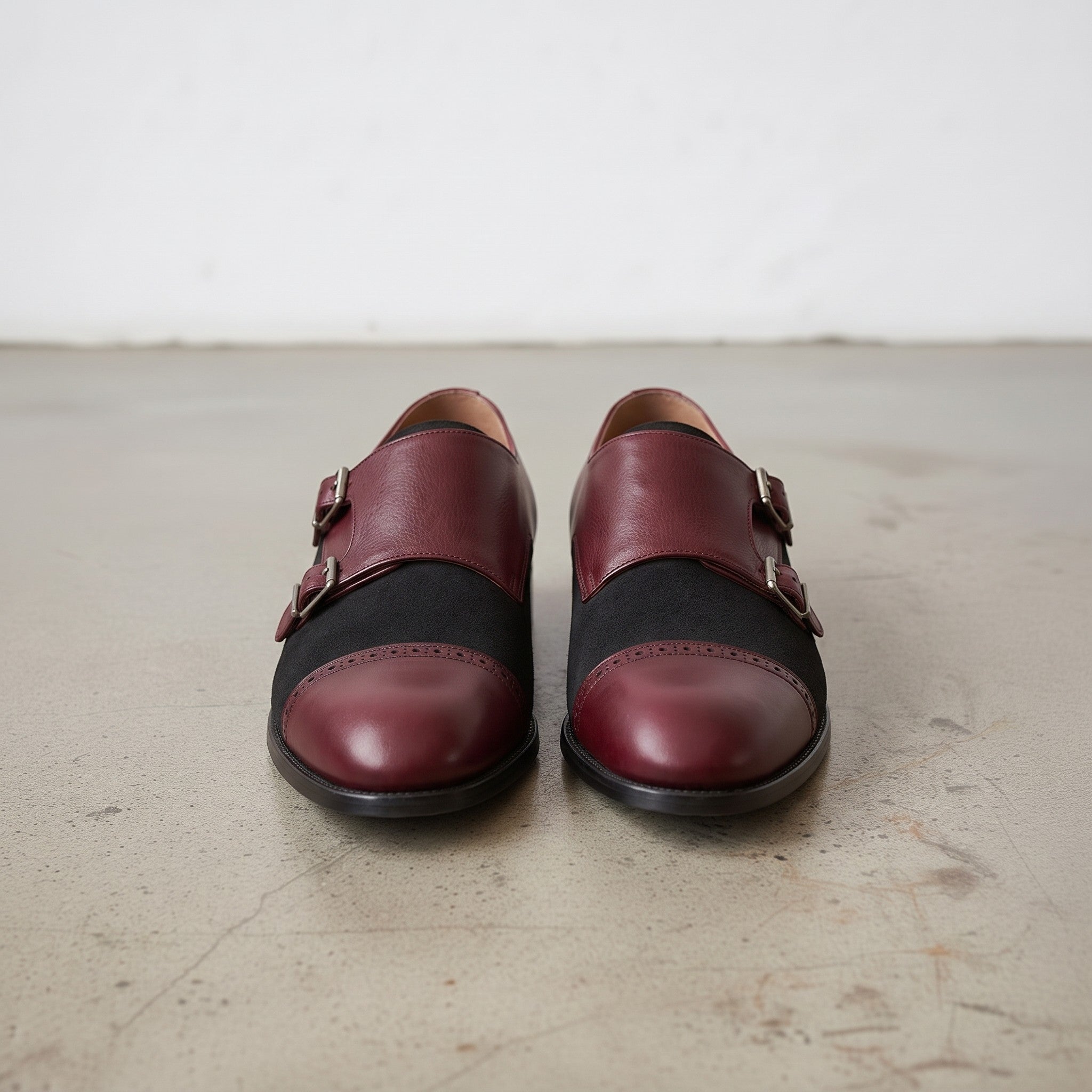 Men's Black and Burgundy Cap-Toe Leather Double Monk Strap Shoes — Uxbridge