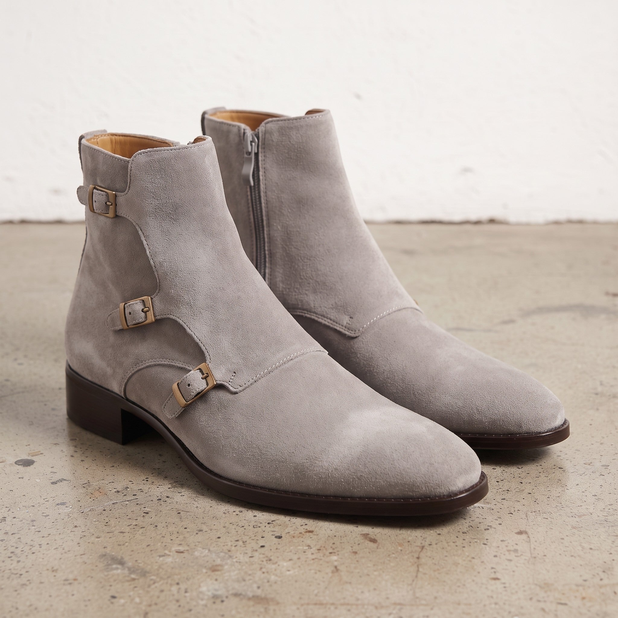 Men's Light Gray Plain-Toe Suede Triple Monk Boots — Hawley