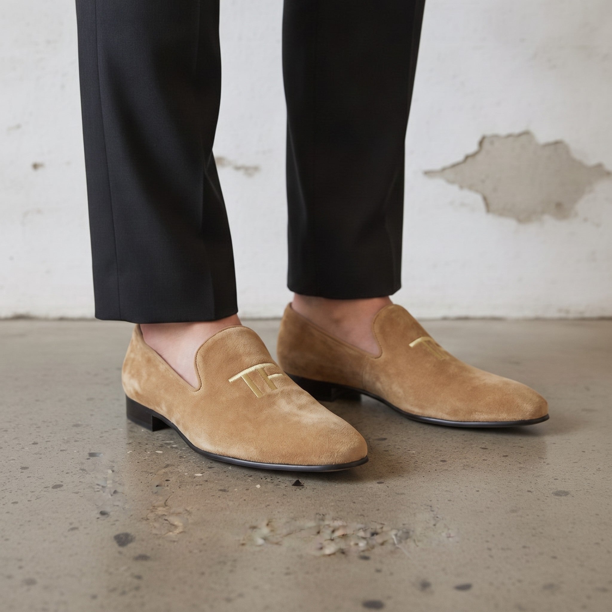 Men's Tan Embroidered Suede Loafers — Stratford