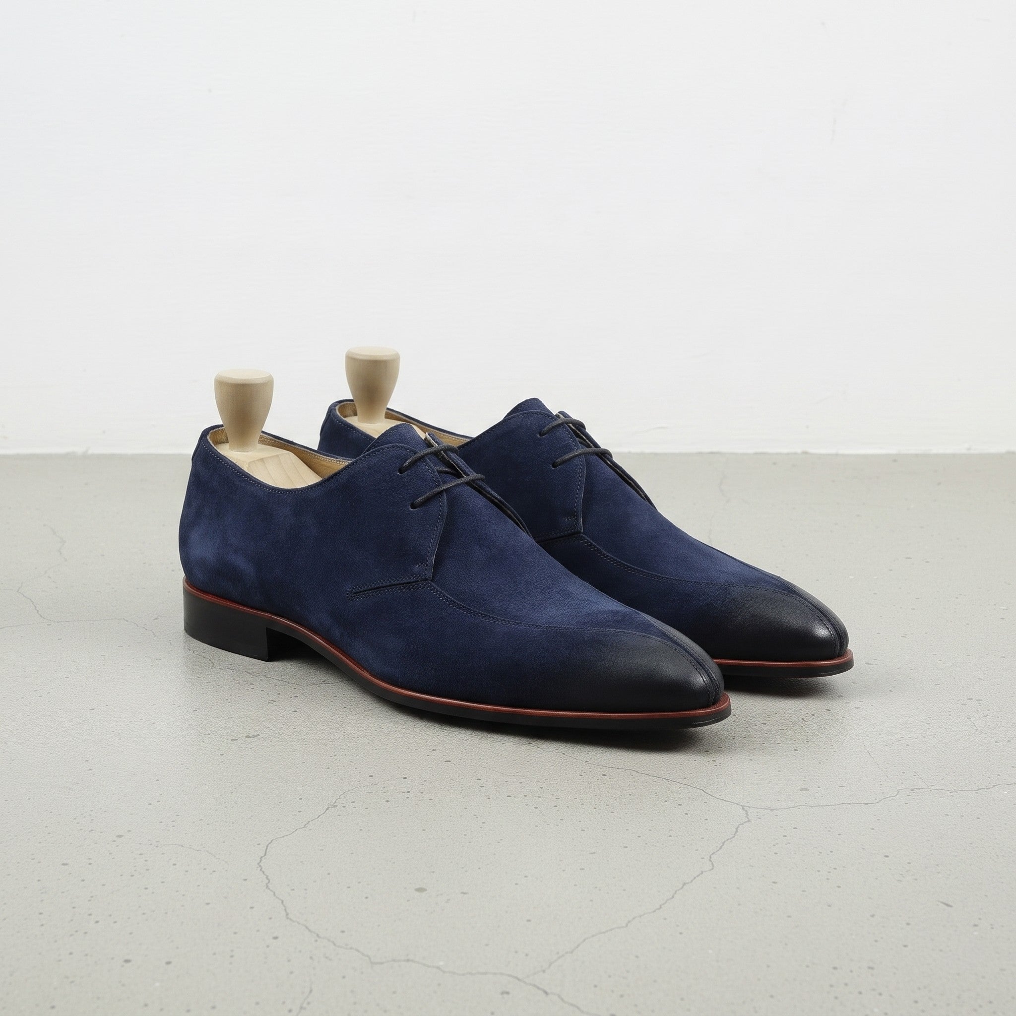 Navy Suede Apron-Toe Derbys — Gofton