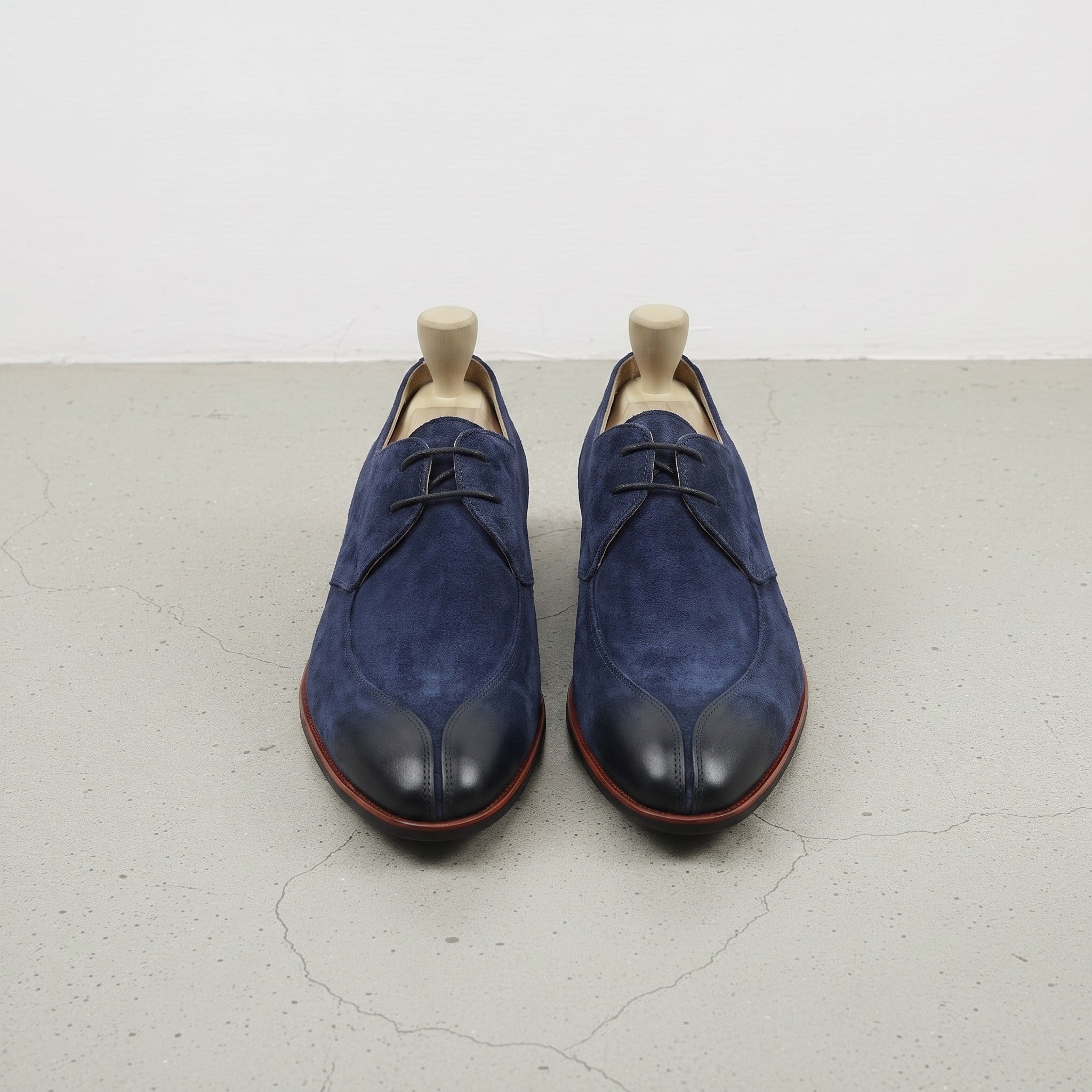 Navy Suede Apron-Toe Derbys — Gofton