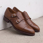 Men's Brown Cap-Toe Leather Double Monk Strap Shoes — Phillips