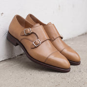 Men's Tan Cap-Toe Leather Double Monk Strap Shoes — Phillips — Phillips