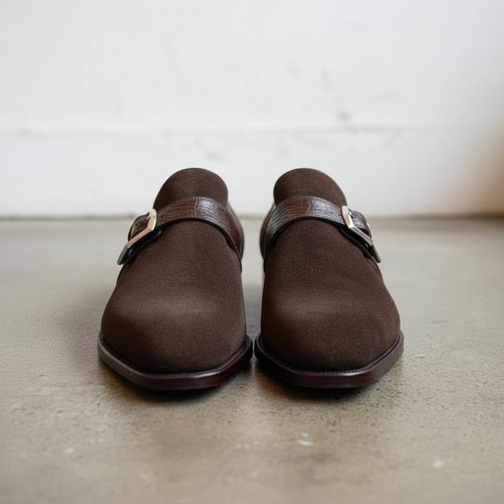 Men's Brown Crocodile-Embossed Suede Monk Strap Shoes — Harrington — Harrington — Harrington