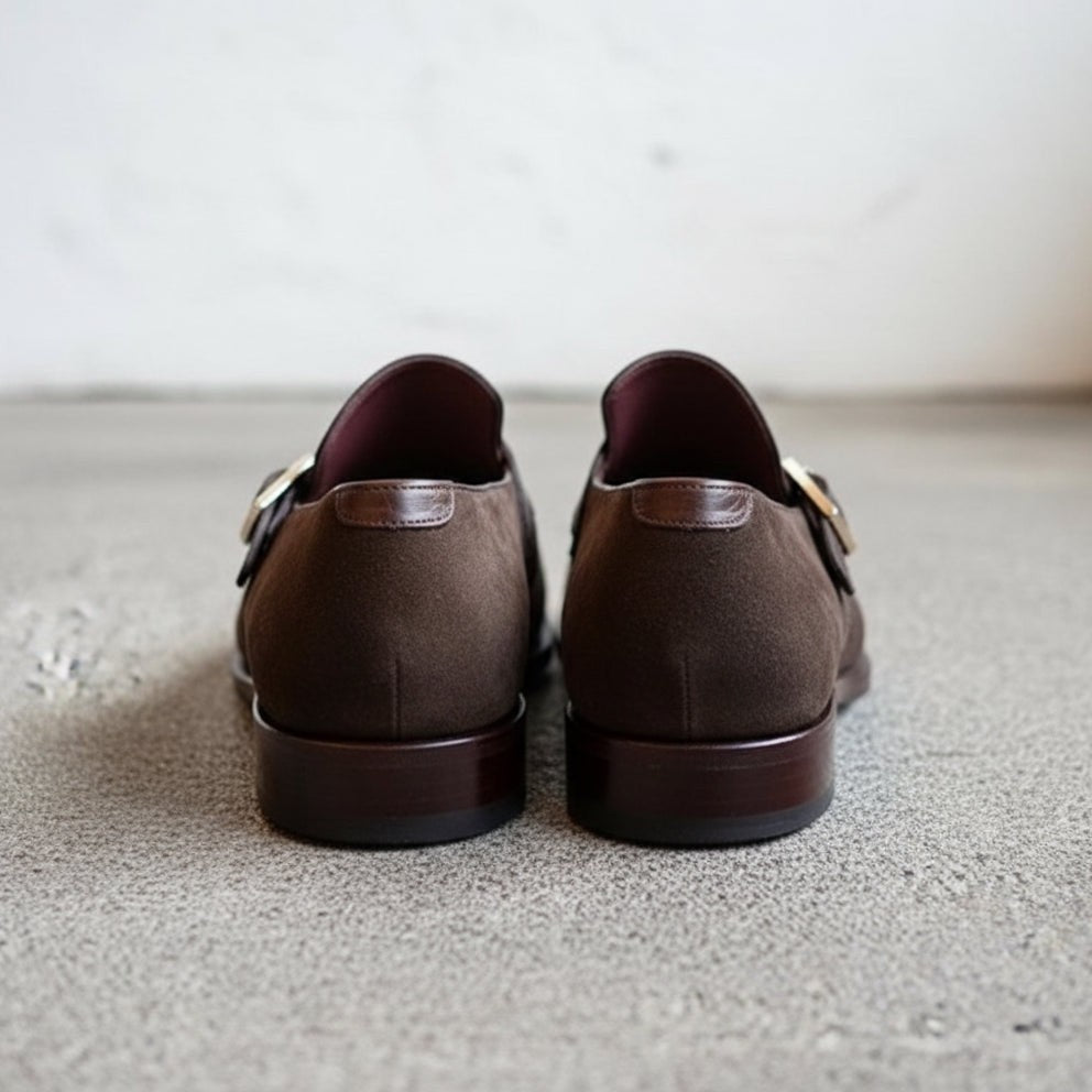 Men's Brown Crocodile-Embossed Suede Monk Strap Shoes — Harrington — Harrington — Harrington