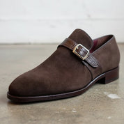 Men's Brown Crocodile-Embossed Suede Monk Strap Shoes — Harrington — Harrington — Harrington