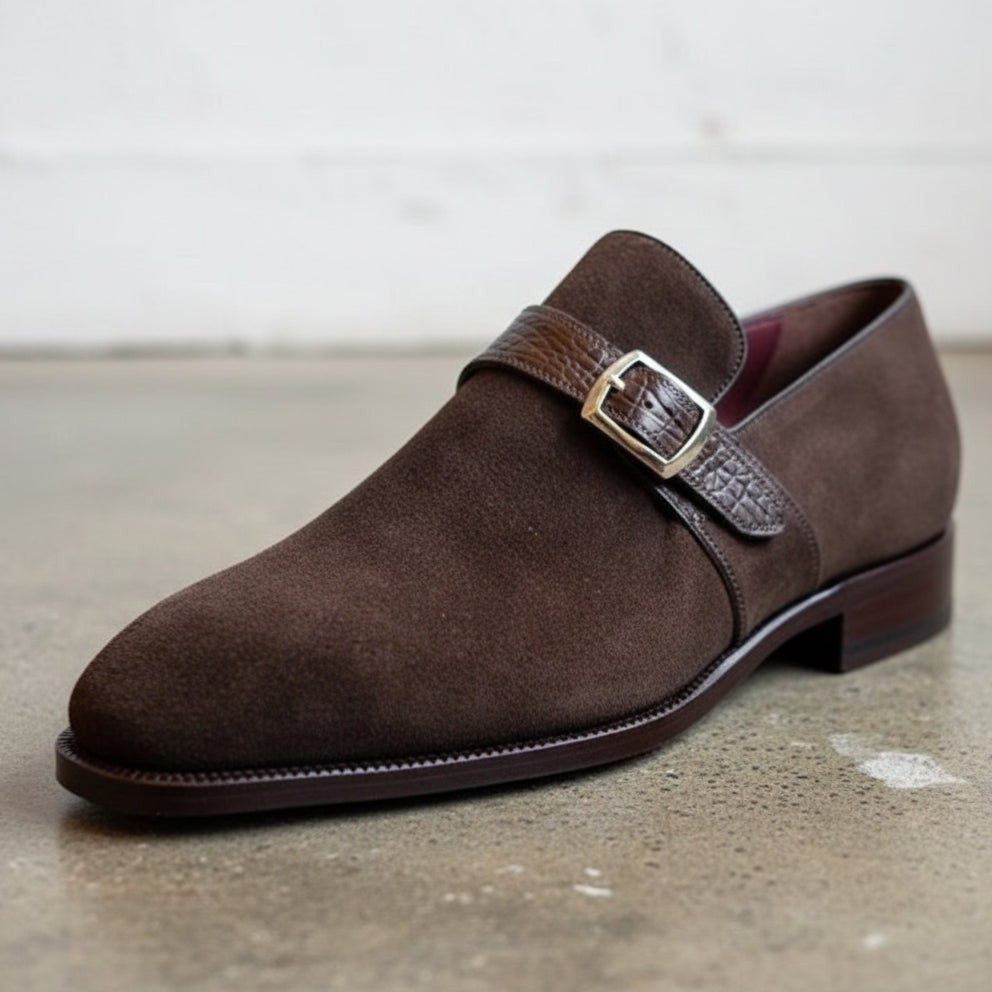 Men's Brown Crocodile-Embossed Suede Monk Strap Shoes — Harrington — Harrington — Harrington