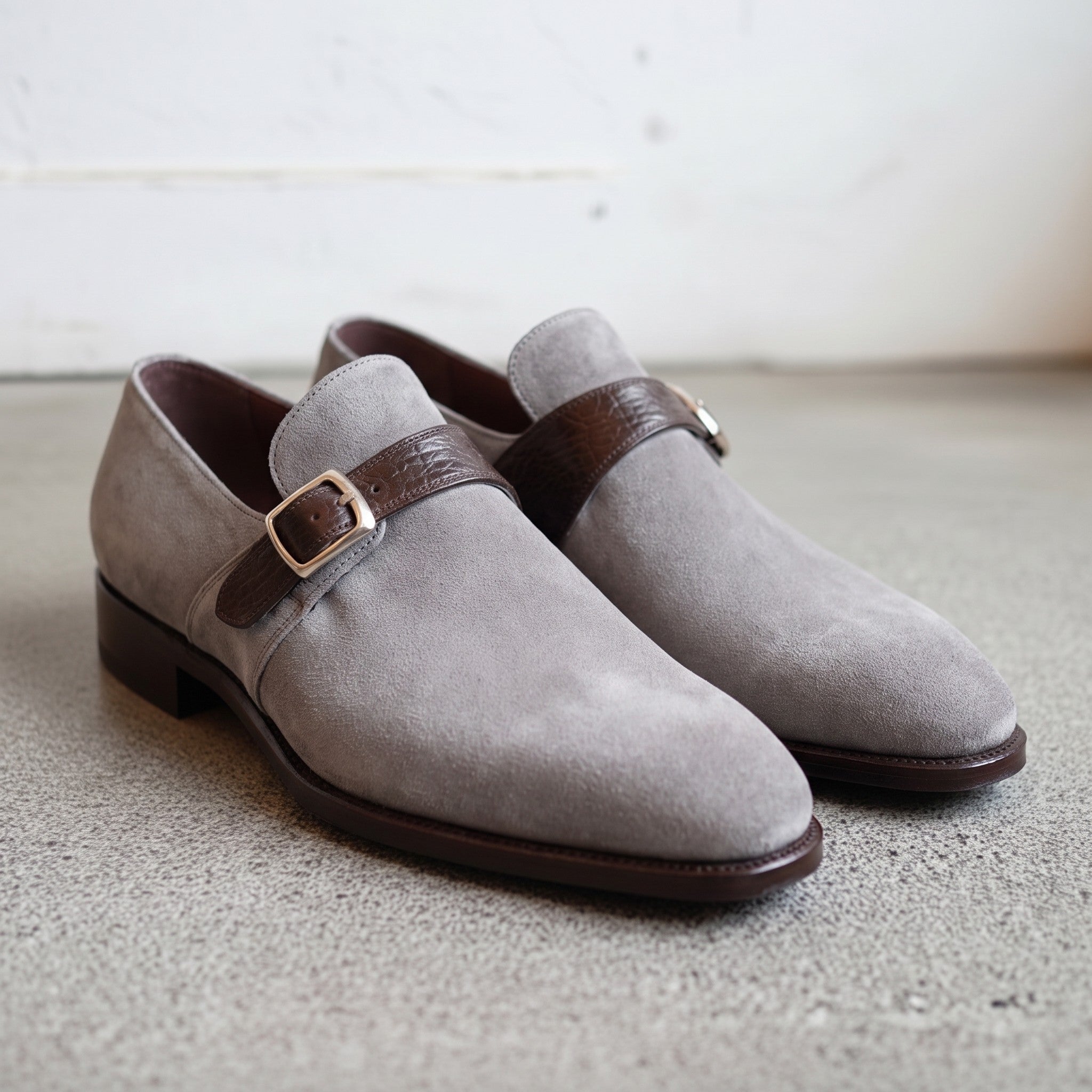 Men's Light Gray Suede Monk Strap Shoes — Harrington