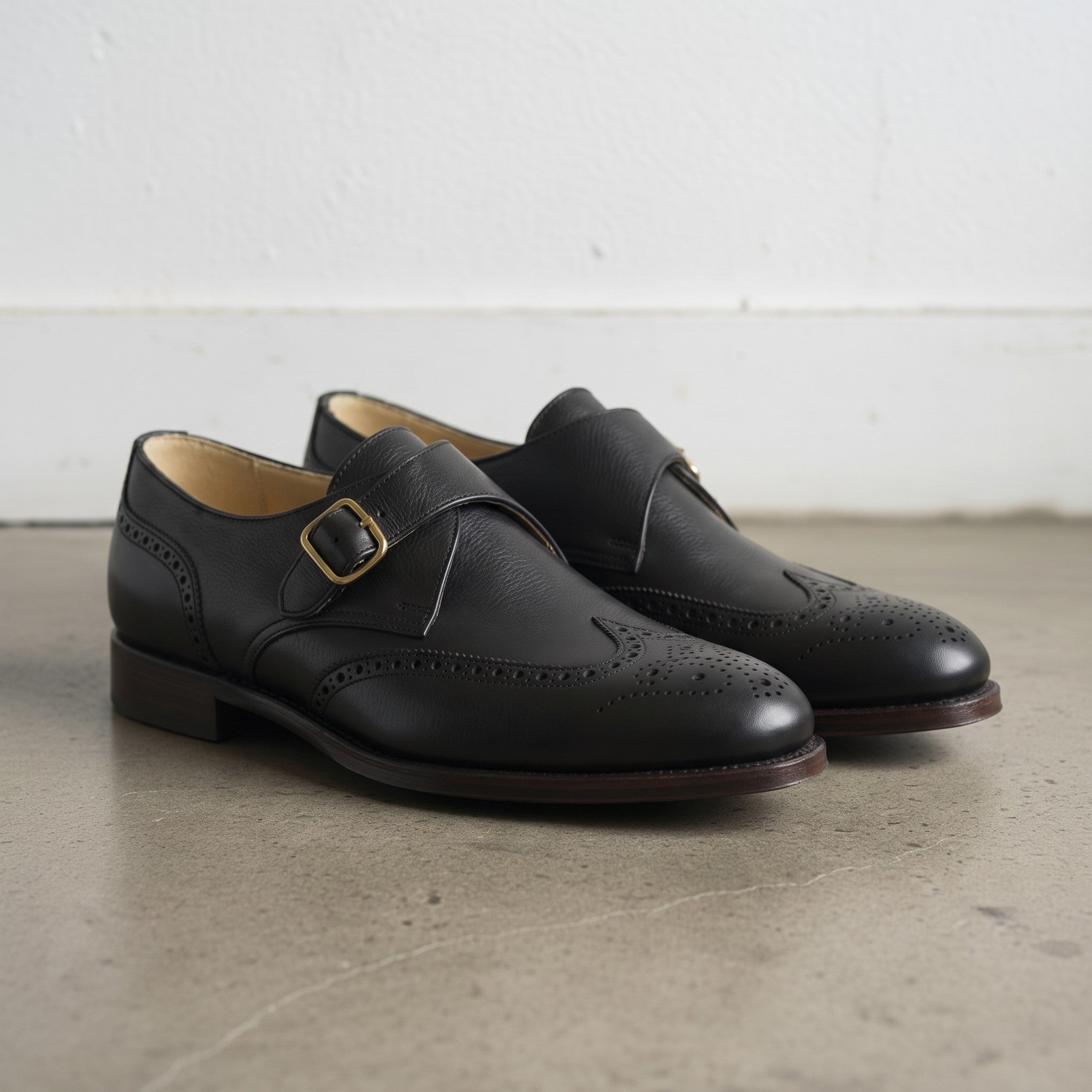 Men's Black Wingtip Leather Monk Shoes — Hobday