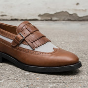 Men's Brown and Light Grey Wingtip Fringe Leather Monk Strap Loafers — Finlay