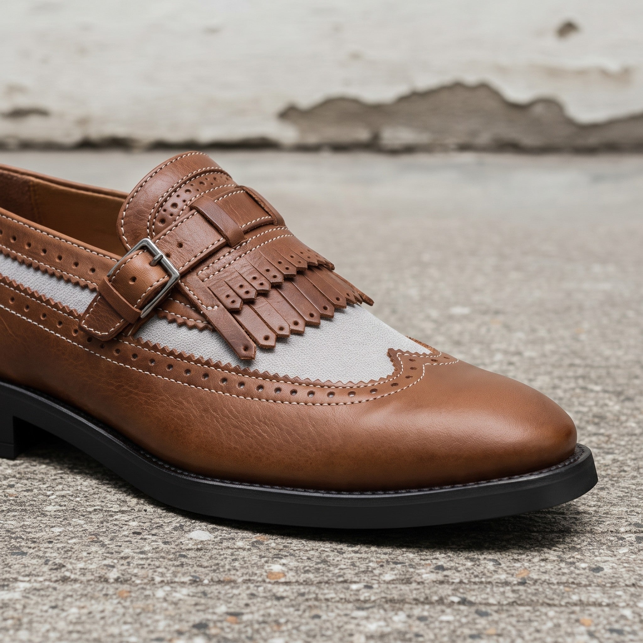 Men's Brown and Light Grey Wingtip Fringe Leather Monk Strap Loafers — Finlay