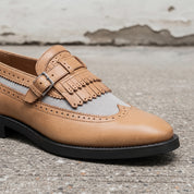 Men's Tan and Grey Wingtip Leather Monk Strap Loafers — Finlay