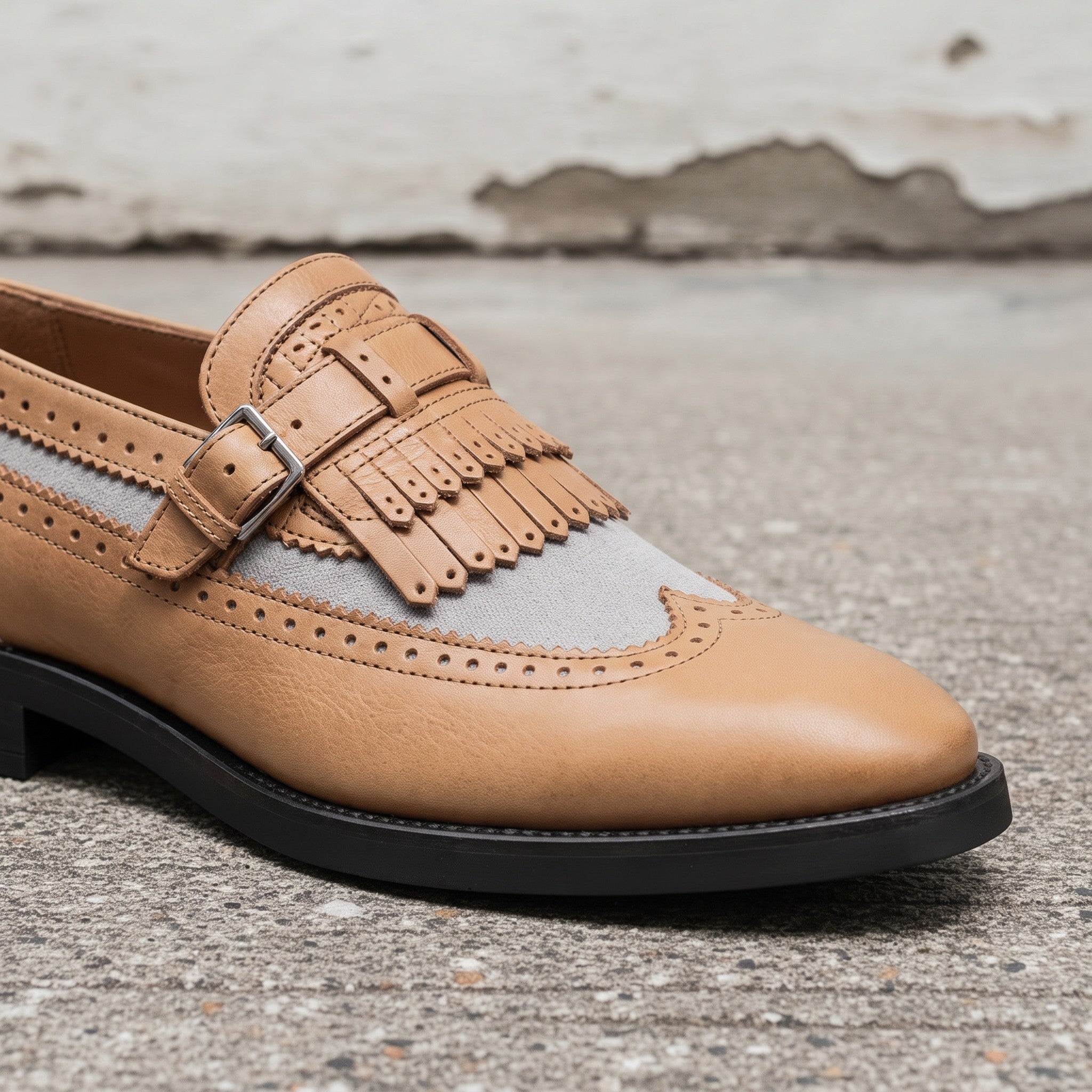 Men's Tan and Grey Wingtip Leather Monk Strap Loafers — Finlay