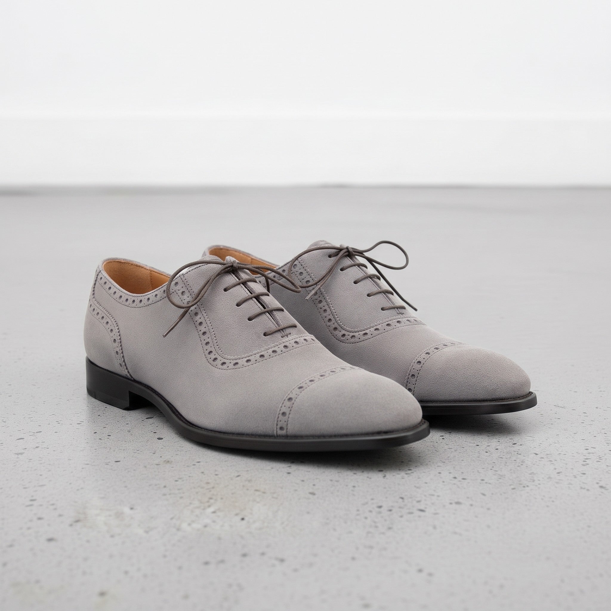 Men's Light Gray Cap-Toe Suede Brogue Oxfords — Mowbray