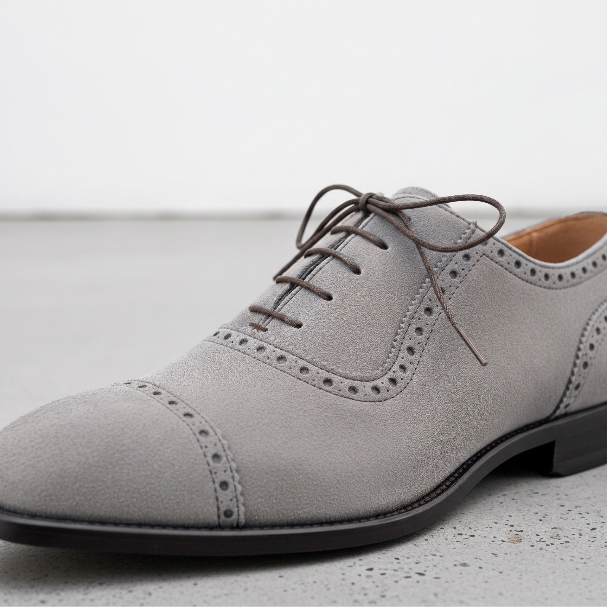 Men's Light Gray Cap-Toe Suede Brogue Oxfords — Mowbray