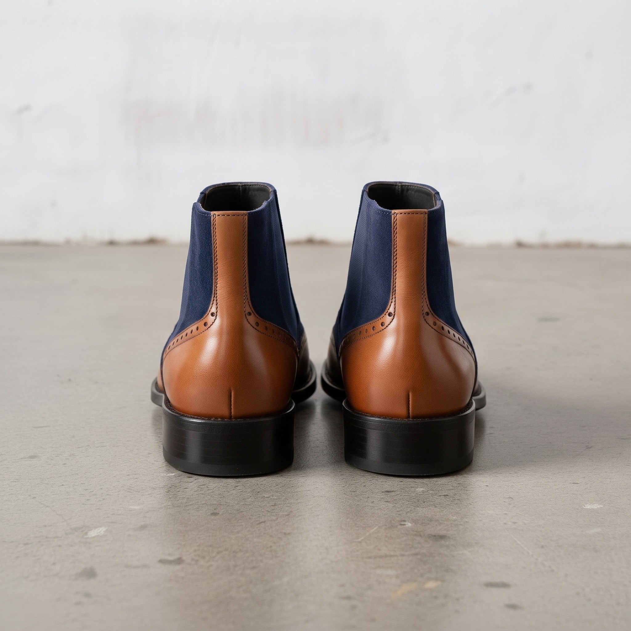 Men's Tan and Navy Blue Wingtip Leather and Suede Chelsea Boots — Crowhurst