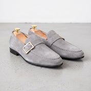 Men's Light Gray Apron-Toe Suede Monk Strap Loafers — Tipton