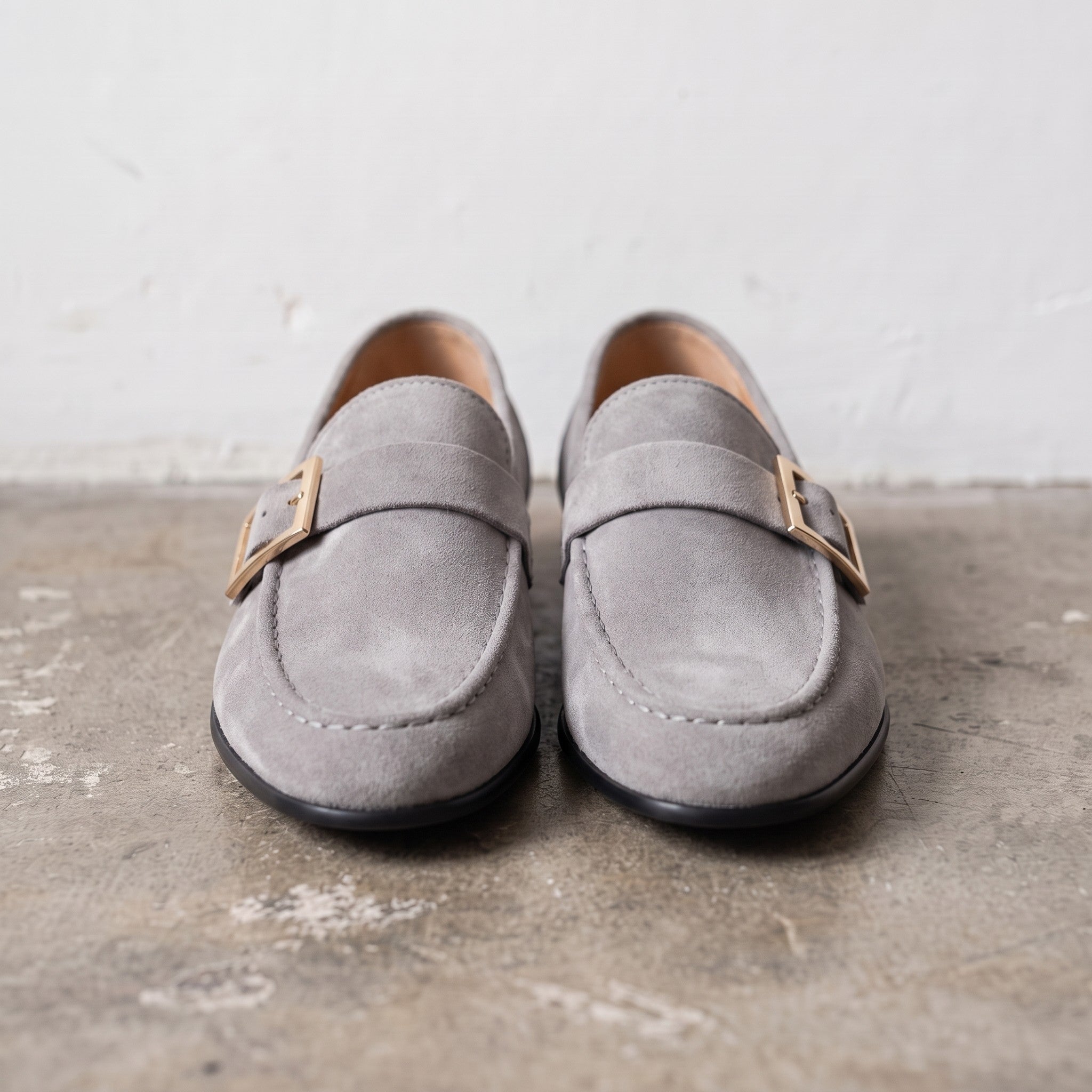 Men's Light Gray Apron-Toe Suede Monk Strap Loafers — Tipton