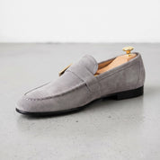 Men's Light Gray Apron-Toe Suede Monk Strap Loafers — Tipton