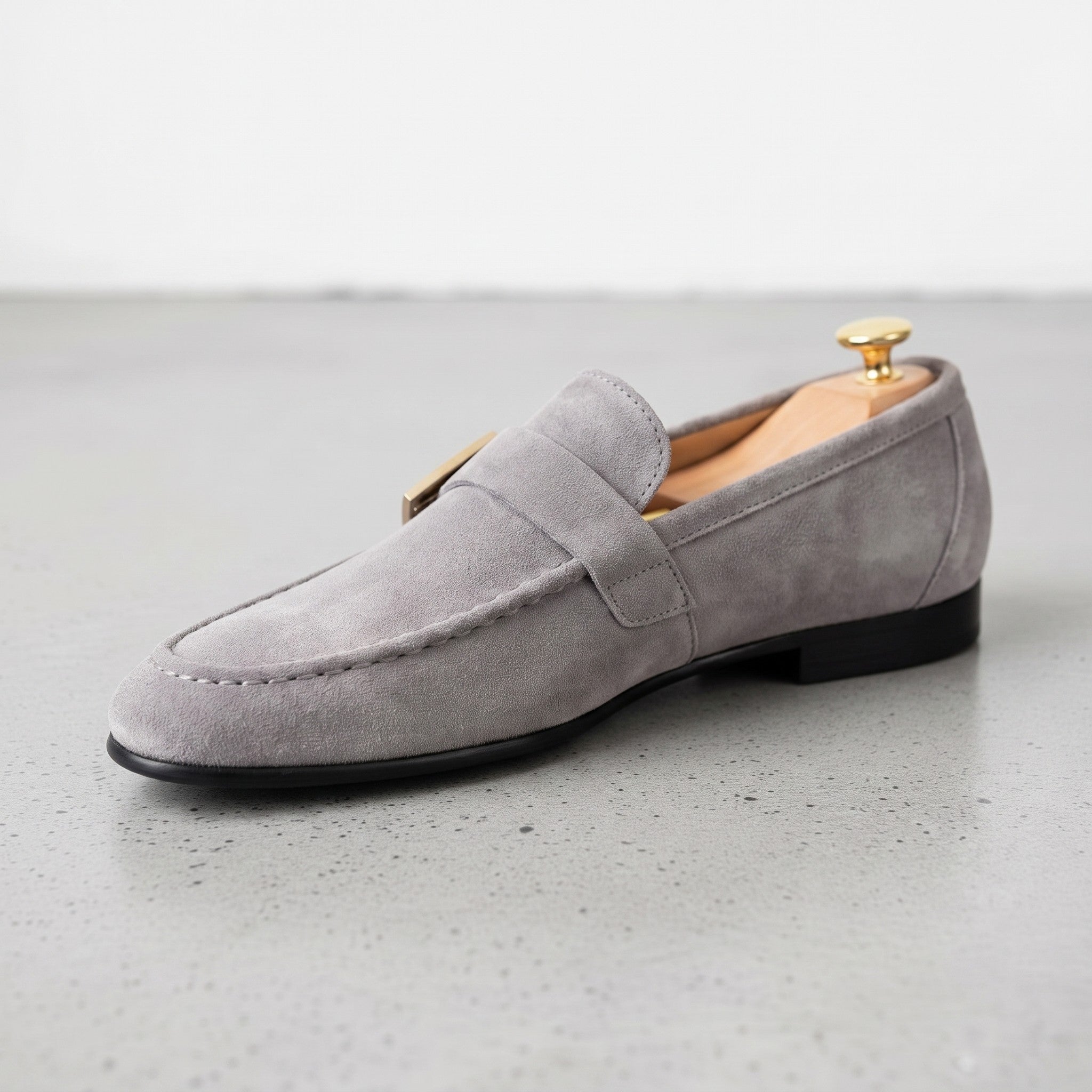Men's Light Gray Apron-Toe Suede Monk Strap Loafers — Tipton