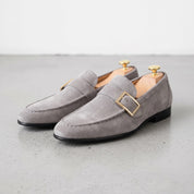 Men's Light Gray Apron-Toe Suede Monk Strap Loafers — Tipton