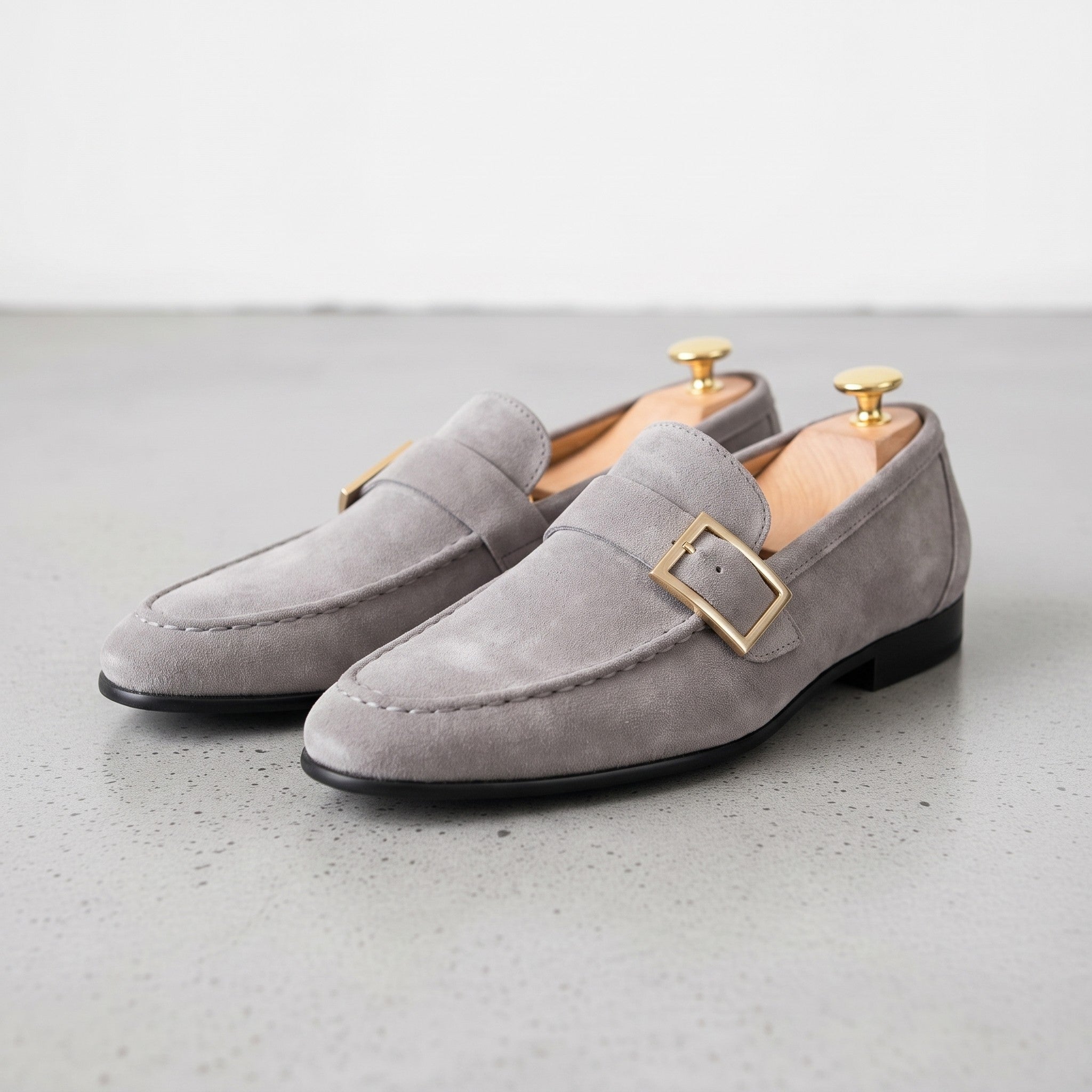 Men's Light Gray Apron-Toe Suede Monk Strap Loafers — Tipton