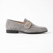 Men's Light Gray Apron-Toe Suede Monk Strap Loafers — Tipton
