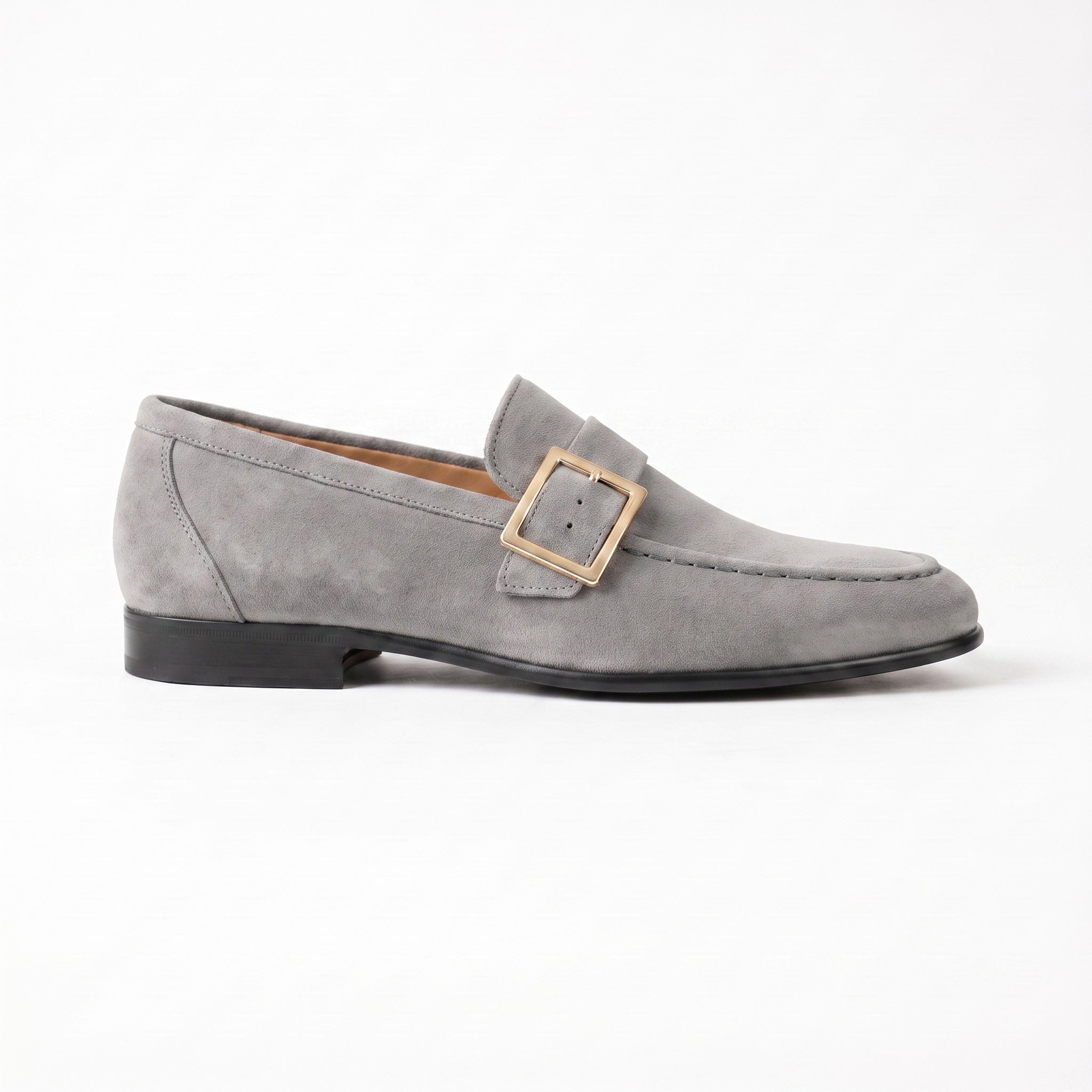 Men's Light Gray Apron-Toe Suede Monk Strap Loafers — Tipton