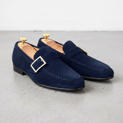 Men's Navy Blue Apron-Toe Suede Monk Strap Loafers — Tipton — Tipton