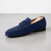 Men's Navy Blue Apron-Toe Suede Monk Strap Loafers — Tipton — Tipton