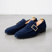 Men's Navy Blue Apron-Toe Suede Monk Strap Loafers — Tipton — Tipton