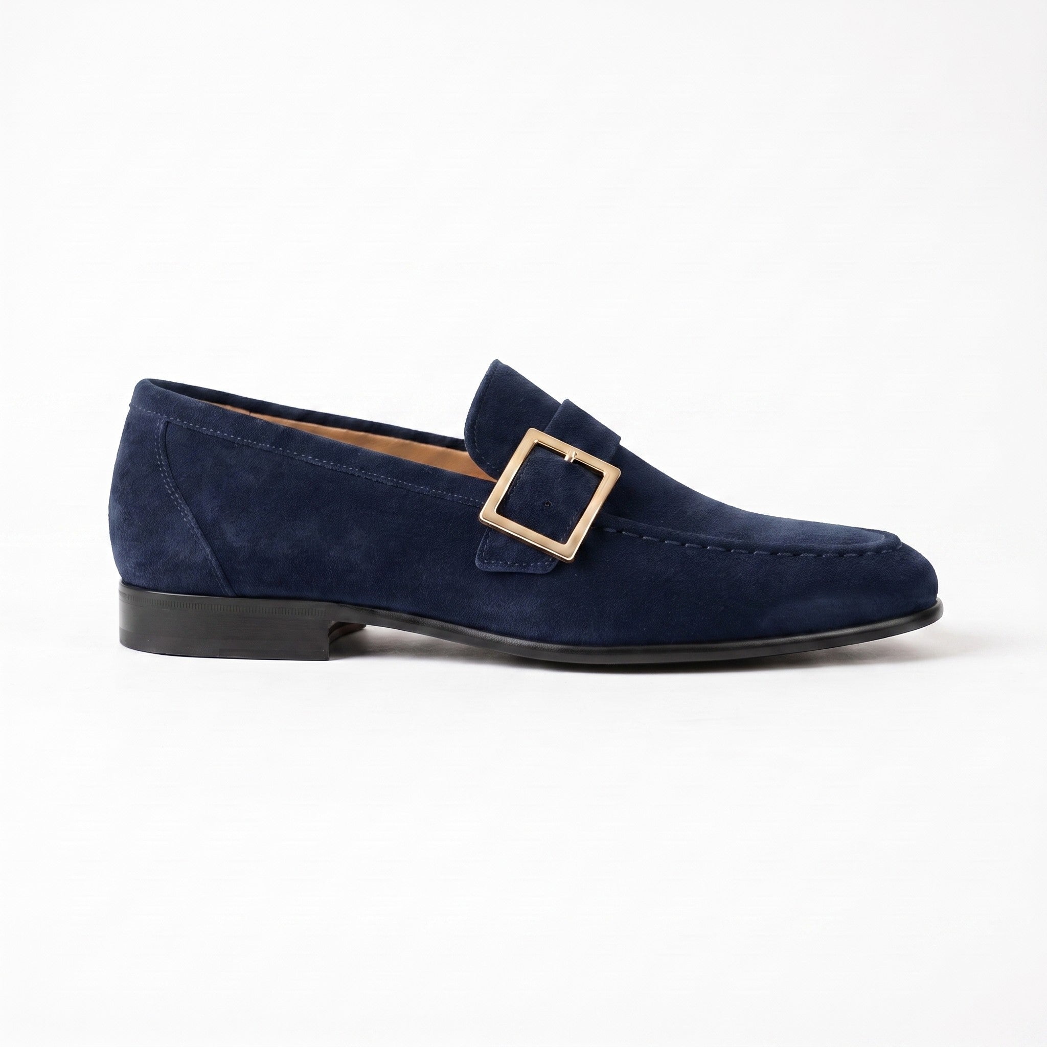 Men's Navy Blue Apron-Toe Suede Monk Strap Loafers — Tipton — Tipton