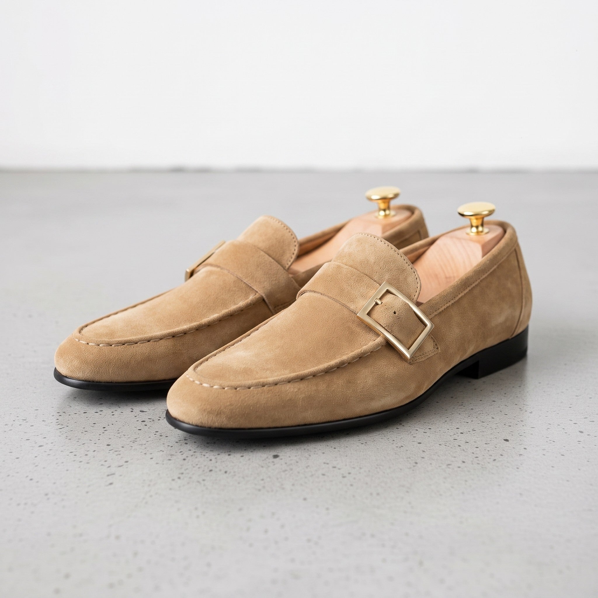 Men's Tan Apron-Toe Suede Monk Strap Loafers — Tipton