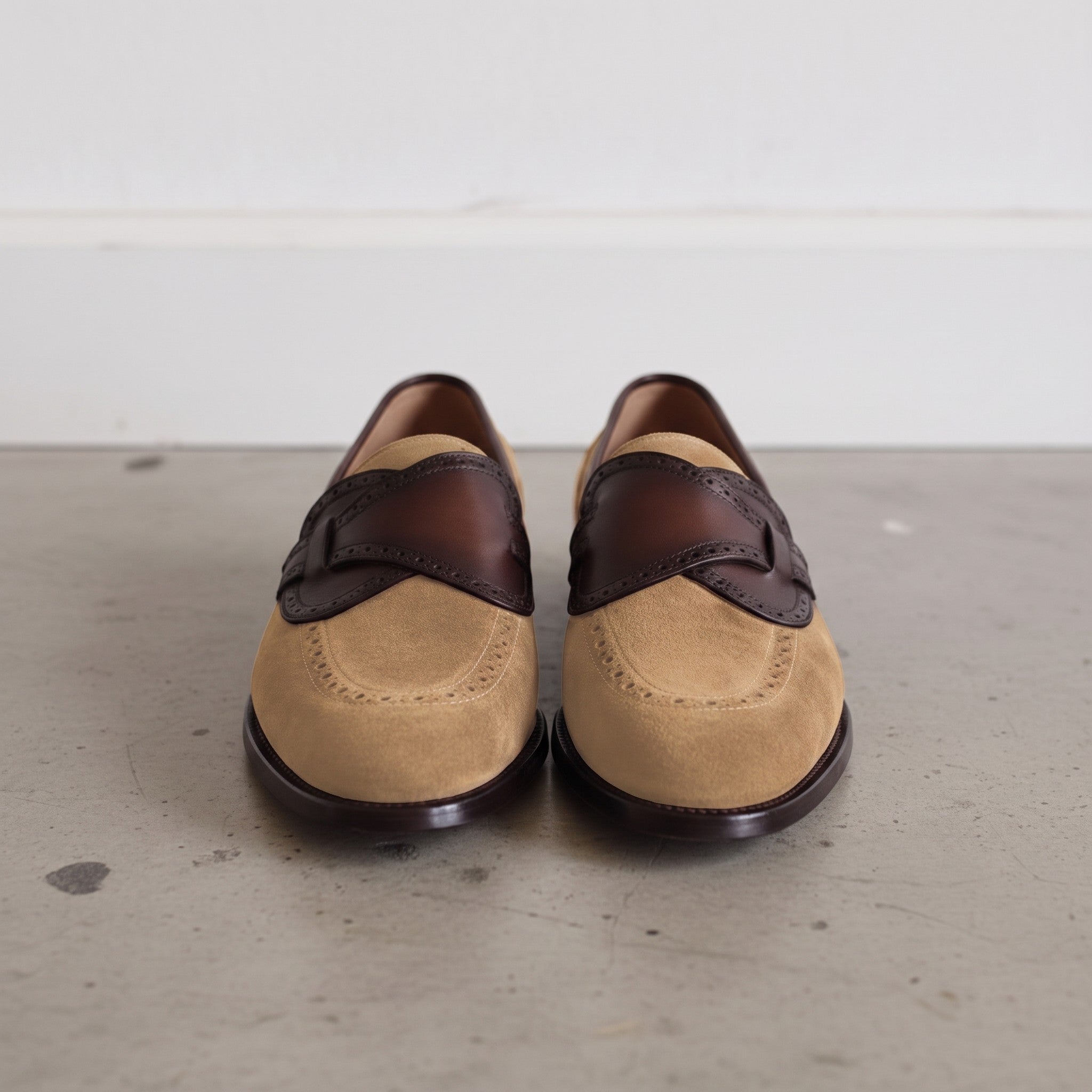 Men's Tan Suede Apron-Toe Loafers — Carron