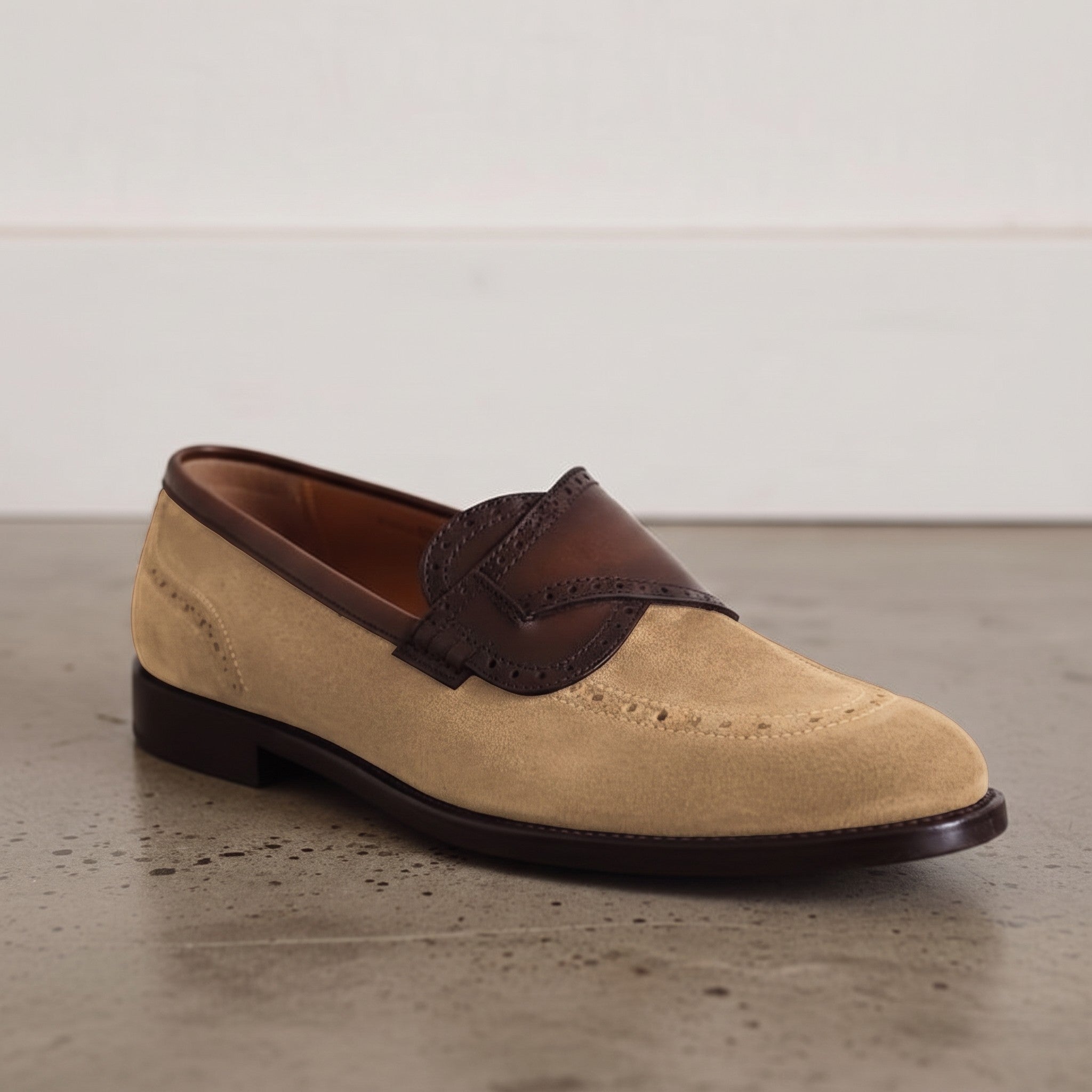 Men's Tan Suede Apron-Toe Loafers — Carron