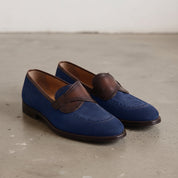 Men's Blue and Brown Apron-Toe Suede Loafers — Carron